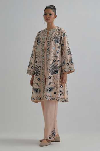 Buy_Kora_Pink Silk, Chanderi Round Neck Embroidered Jacket Pant Set _Online_at_Aza_Fashions