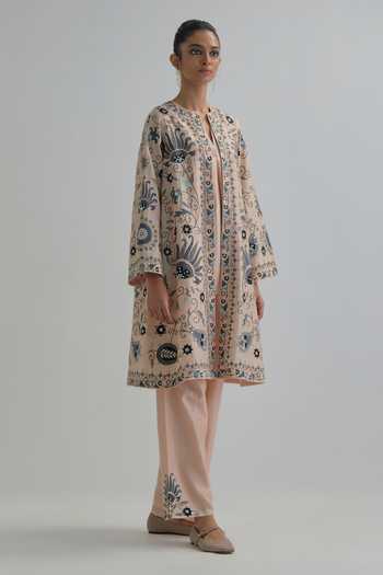 Shop_Kora_Pink Silk, Chanderi Round Neck Embroidered Jacket Pant Set _Online_at_Aza_Fashions