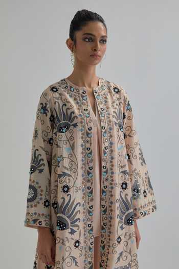 Kora_Pink Silk, Chanderi Round Neck Embroidered Jacket Pant Set _at_Aza_Fashions