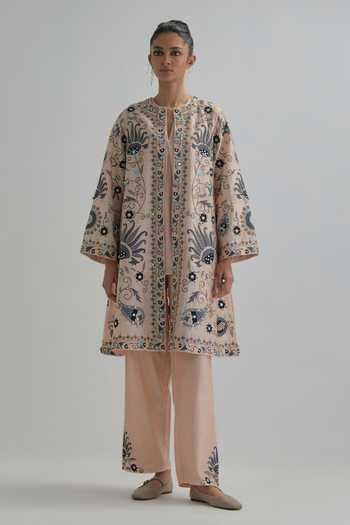 Kora Silk Chanderi Embroidered Jacket Pant Set 