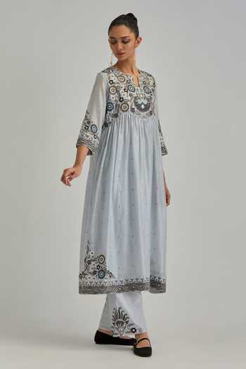 Kora Blue , Chanderi, Cotton, Organza Split V-neck Embroidered Anarkali Set Online at Aza Fashions Kora_Blue , Chanderi, Cotton, Organza Split V-neck Embroidered Anarkali Set _Online_at_Aza_Fashions