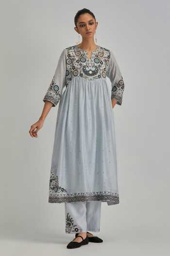 Buy Kora Blue , Chanderi, Cotton, Organza Split V-neck Embroidered Anarkali Set Online at Aza Fashions Buy_Kora_Blue , Chanderi, Cotton, Organza Split V-neck Embroidered Anarkali Set _Online_at_Aza_Fashions