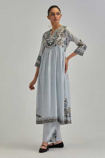 Shop Kora Blue , Chanderi, Cotton, Organza Split V-neck Embroidered Anarkali Set Online at Aza Fashions Shop_Kora_Blue , Chanderi, Cotton, Organza Split V-neck Embroidered Anarkali Set _Online_at_Aza_Fashions