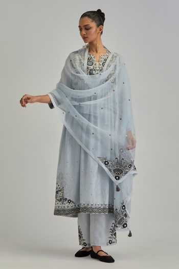 Kora Silk Chanderi Embroidered Anarkali Set 