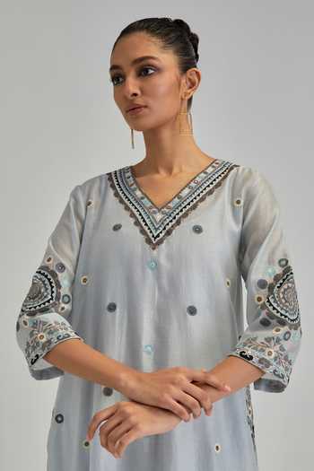 Kora_Blue Silk, Chanderi, Cotton, Organza V-neck, Yes Embroidered Kurta Set _at_Aza_Fashions