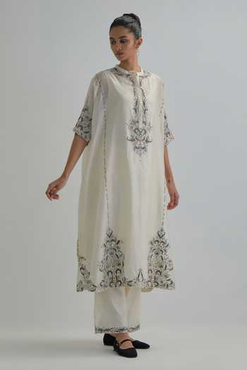 Kora_Off White Silk, Chanderi, Cotton Round Neck Kaftan Set _Online_at_Aza_Fashions
