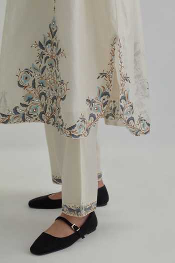 Shop_Kora_Off White Silk, Chanderi, Cotton Round Neck Kaftan Set _Online_at_Aza_Fashions