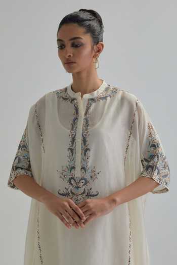 Kora_Off White Silk, Chanderi, Cotton Round Neck Kaftan Set _at_Aza_Fashions