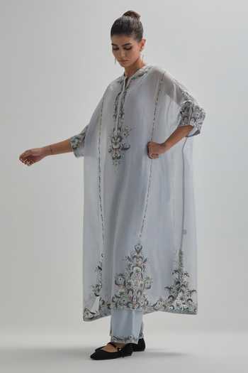 Kora_Blue Silk, Chanderi, Cotton Round Neck Kaftan And Pant Set _Online_at_Aza_Fashions