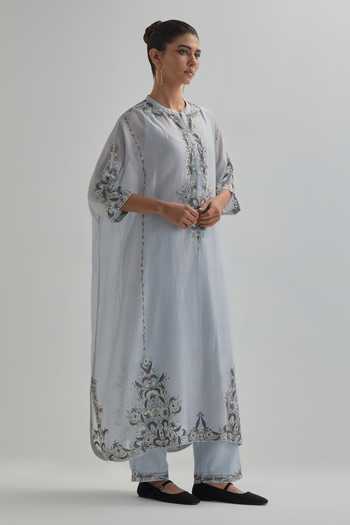 Buy_Kora_Blue Silk, Chanderi, Cotton Round Neck Kaftan And Pant Set _Online_at_Aza_Fashions