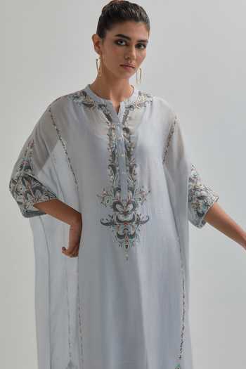 Shop_Kora_Blue Silk, Chanderi, Cotton Round Neck Kaftan And Pant Set _Online_at_Aza_Fashions