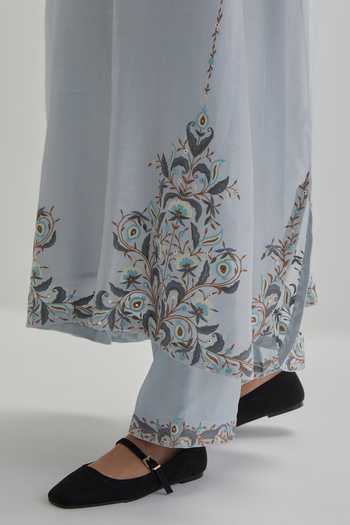 Kora_Blue Silk, Chanderi, Cotton Round Neck Kaftan And Pant Set _at_Aza_Fashions