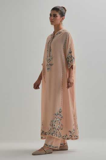 Kora_Pink Silk, Chanderi, Cotton Round Neck Kaftan Set _Online_at_Aza_Fashions