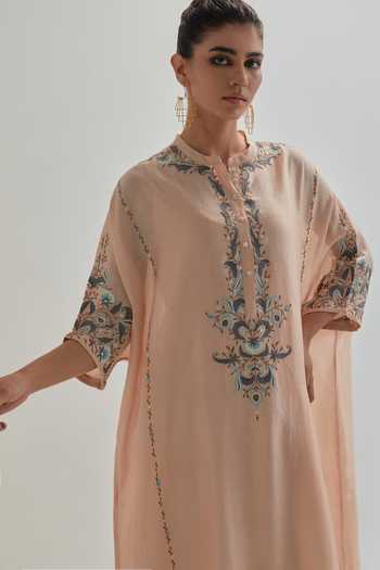 Buy_Kora_Pink Silk, Chanderi, Cotton Round Neck Kaftan Set _Online_at_Aza_Fashions