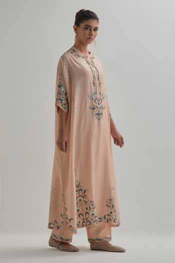 Shop_Kora_Pink Silk, Chanderi, Cotton Round Neck Kaftan Set _Online_at_Aza_Fashions