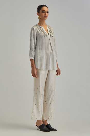 Kora_Off White Modal, Silk, Chanderi V-neck Contrast Yoke Top With Pant _Online_at_Aza_Fashions