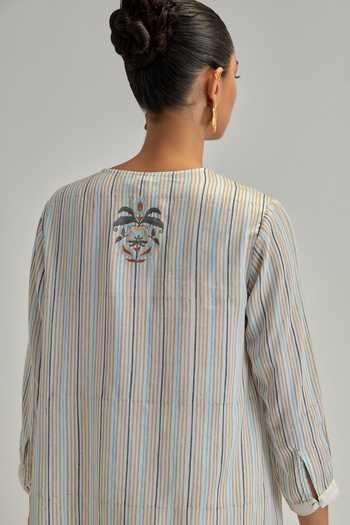 Shop_Kora_Off White Modal, Silk, Chanderi V-neck Contrast Yoke Top With Pant _Online_at_Aza_Fashions