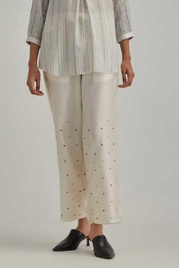 Buy_Kora_Off White Modal, Silk, Chanderi V-neck Contrast Yoke Top With Pant 