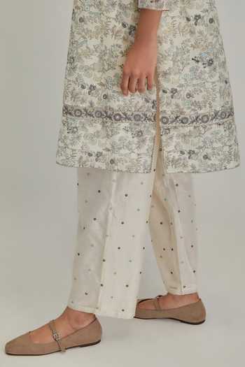 Buy_Kora_Off White Silk, Chanderi, Cotton Round Neck Print Kurta Set _Online_at_Aza_Fashions