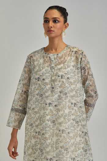 Buy_Kora_Off White Silk, Chanderi, Cotton Round Neck Print Kurta Set 