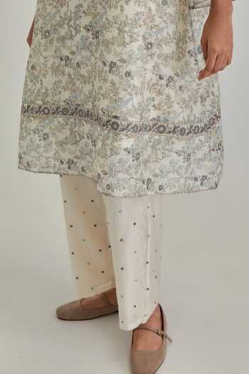 Shop_Kora_Off White Silk, Chanderi, Cotton Round Neck, Yes Kurta Set _Online_at_Aza_Fashions