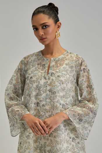 Kora_Off White Silk, Chanderi, Cotton Round Neck, Yes Kurta Set _at_Aza_Fashions