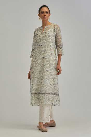 Kora_Off White Silk, Chanderi, Cotton Round Neck, Yes Print Kurta Set _Online_at_Aza_Fashions