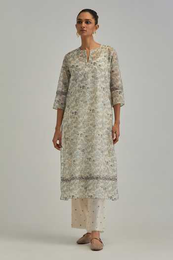 Buy_Kora_Off White Silk, Chanderi, Cotton Round Neck, Yes Print Kurta Set _Online_at_Aza_Fashions