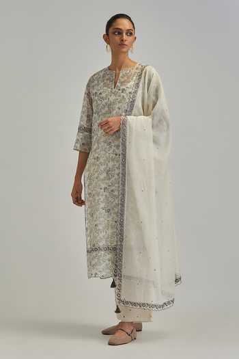 Shop_Kora_Off White Silk, Chanderi, Cotton Round Neck, Yes Print Kurta Set _Online_at_Aza_Fashions