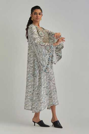 Kora_Off White Modal V-neck Hand Block Print Kaftan _Online_at_Aza_Fashions