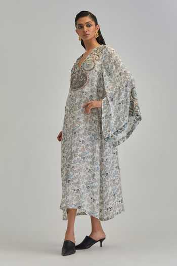Buy_Kora_Off White Modal V-neck Hand Block Print Kaftan _Online_at_Aza_Fashions
