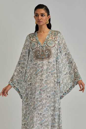 Shop_Kora_Off White Modal V-neck Hand Block Print Kaftan _Online_at_Aza_Fashions