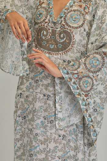 Kora_Off White Modal V-neck Hand Block Print Kaftan _at_Aza_Fashions