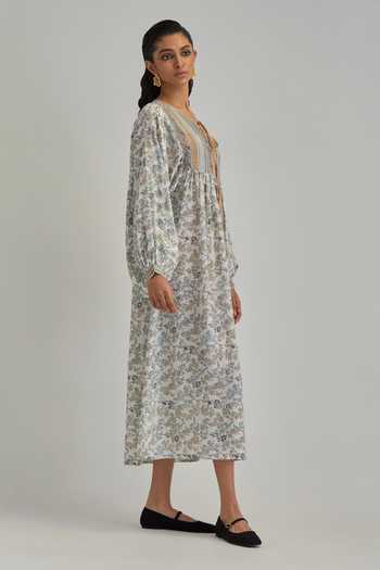 Kora_Off White Modal Round Neck Hand Block Print Dress _Online_at_Aza_Fashions