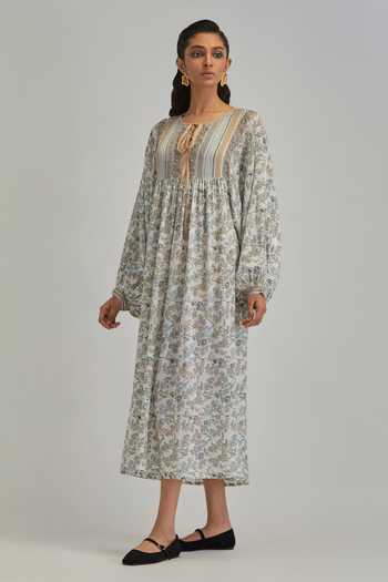 Buy_Kora_Off White Modal Round Neck Hand Block Print Dress _Online_at_Aza_Fashions