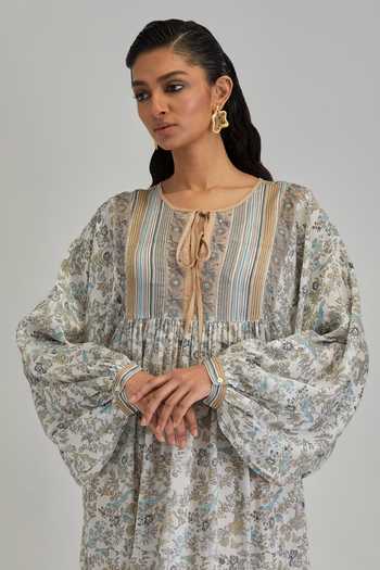 Shop_Kora_Off White Modal Round Neck Hand Block Print Dress _Online_at_Aza_Fashions