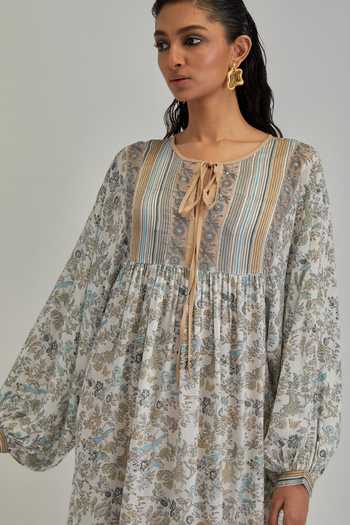 Kora_Off White Modal Round Neck Hand Block Print Dress _at_Aza_Fashions