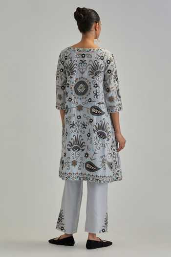 Kora Silk Chanderi Floral Pattern Kurta Set 