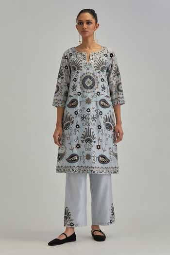 Shop_Kora_Blue , Chanderi, Cotton, Organza Split V-neck, Floral Pattern Kurta Set _Online_at_Aza_Fashions