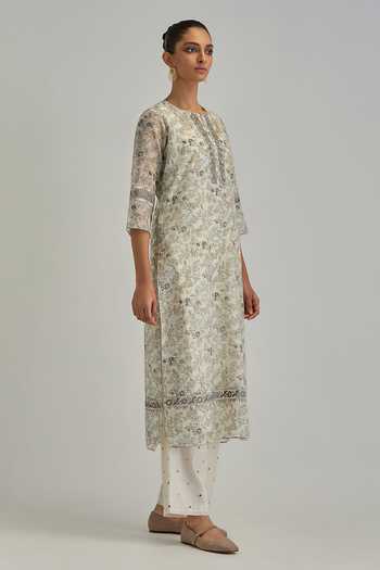 Buy_Kora_Off White Silk, Chanderi, Cotton Round Neck, Yes Hand Block Print Kurta Set _Online_at_Aza_Fashions