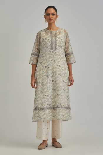 Shop_Kora_Off White Silk, Chanderi, Cotton Round Neck, Yes Hand Block Print Kurta Set _Online_at_Aza_Fashions