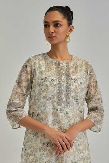 Buy_Kora_Off White Silk, Chanderi, Cotton Round Neck, Yes Hand Block Print Kurta Set 