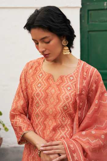 Shop_Karaj Jaipur_Rust Cotton, Chanderi Round Neck Geometric Print Kurta Set _Online_at_Aza_Fashions
