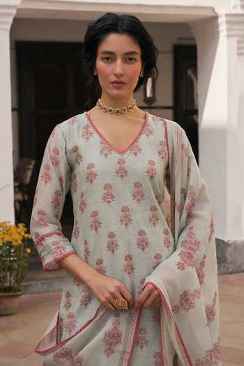 Shop_Karaj Jaipur_Aqua Chanderi, Cotton V-neck Floral Print Kurta Set _Online_at_Aza_Fashions