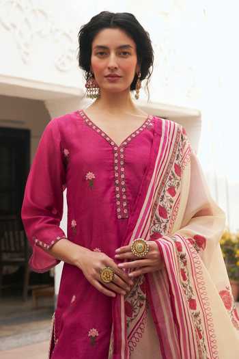 Shop_Karaj Jaipur_Pink Chanderi, Cotton V-neck Rani Embroidered Kurta Set _Online_at_Aza_Fashions