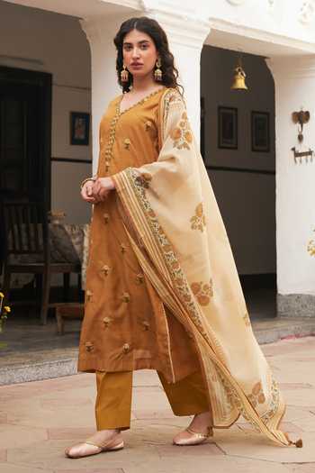Karaj Jaipur Mustard Chanderi, Cotton V-neck Embroidered Kurta Set Online at Aza Fashions Karaj Jaipur_Mustard Chanderi, Cotton V-neck Embroidered Kurta Set _Online_at_Aza_Fashions