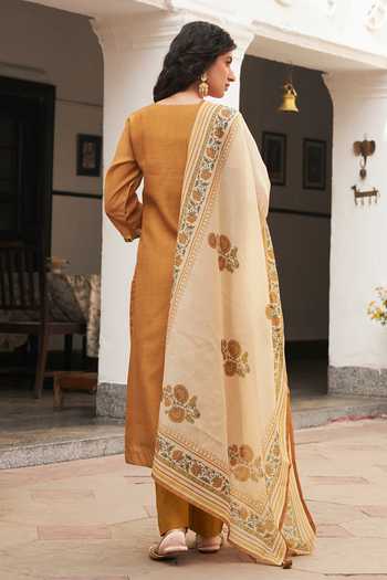 Karaj Jaipur Mustard Embroidered Kurta Set