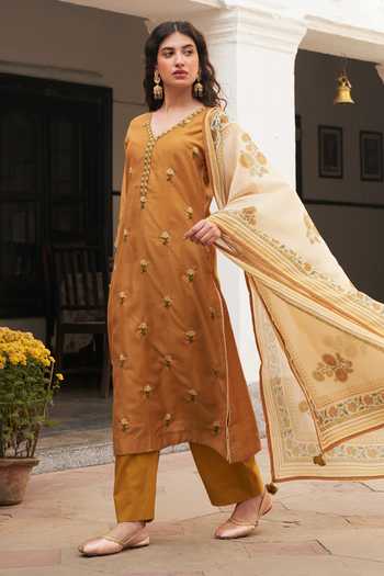 Buy Karaj Jaipur Mustard Chanderi, Cotton V-neck Embroidered Kurta Set Online at Aza Fashions Buy_Karaj Jaipur_Mustard Chanderi, Cotton V-neck Embroidered Kurta Set _Online_at_Aza_Fashions