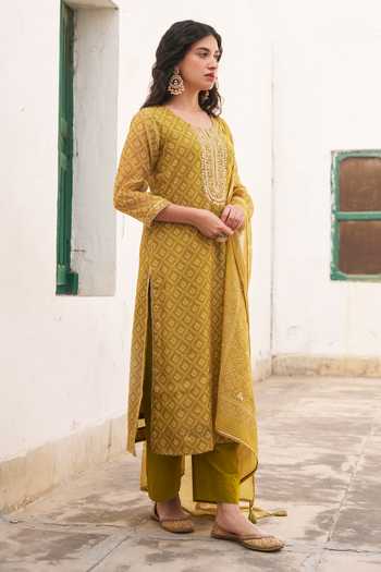 Buy_Karaj Jaipur_Mustard Chanderi, Cotton Round Neck Printed Kurta Set _Online_at_Aza_Fashions