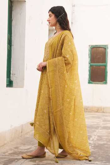 Shop_Karaj Jaipur_Mustard Chanderi, Cotton Round Neck Printed Kurta Set _Online_at_Aza_Fashions
